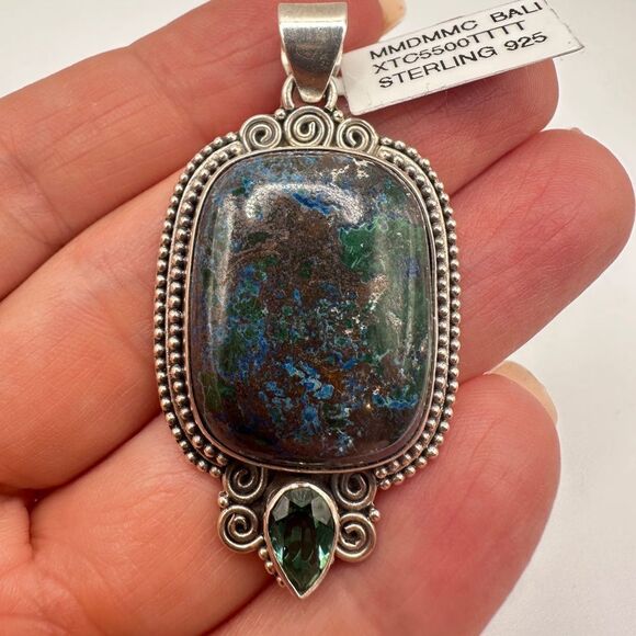 NWT Azurite and Green Quartz in Bali Sterling Silver Pendant! - Picture 9 of 12
